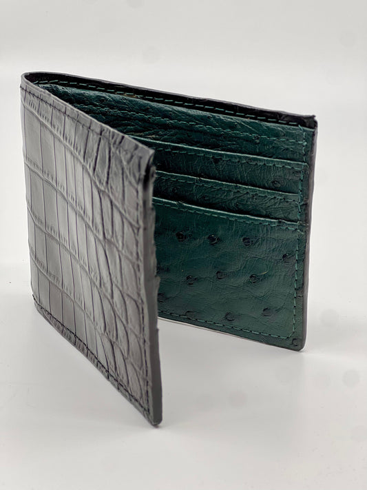 Luxury ALLIGATOR and OSTRICH LEATHER in supple navy and teal green.  RFID lining for enhanced security. Six card pockets, and one bill pocket.